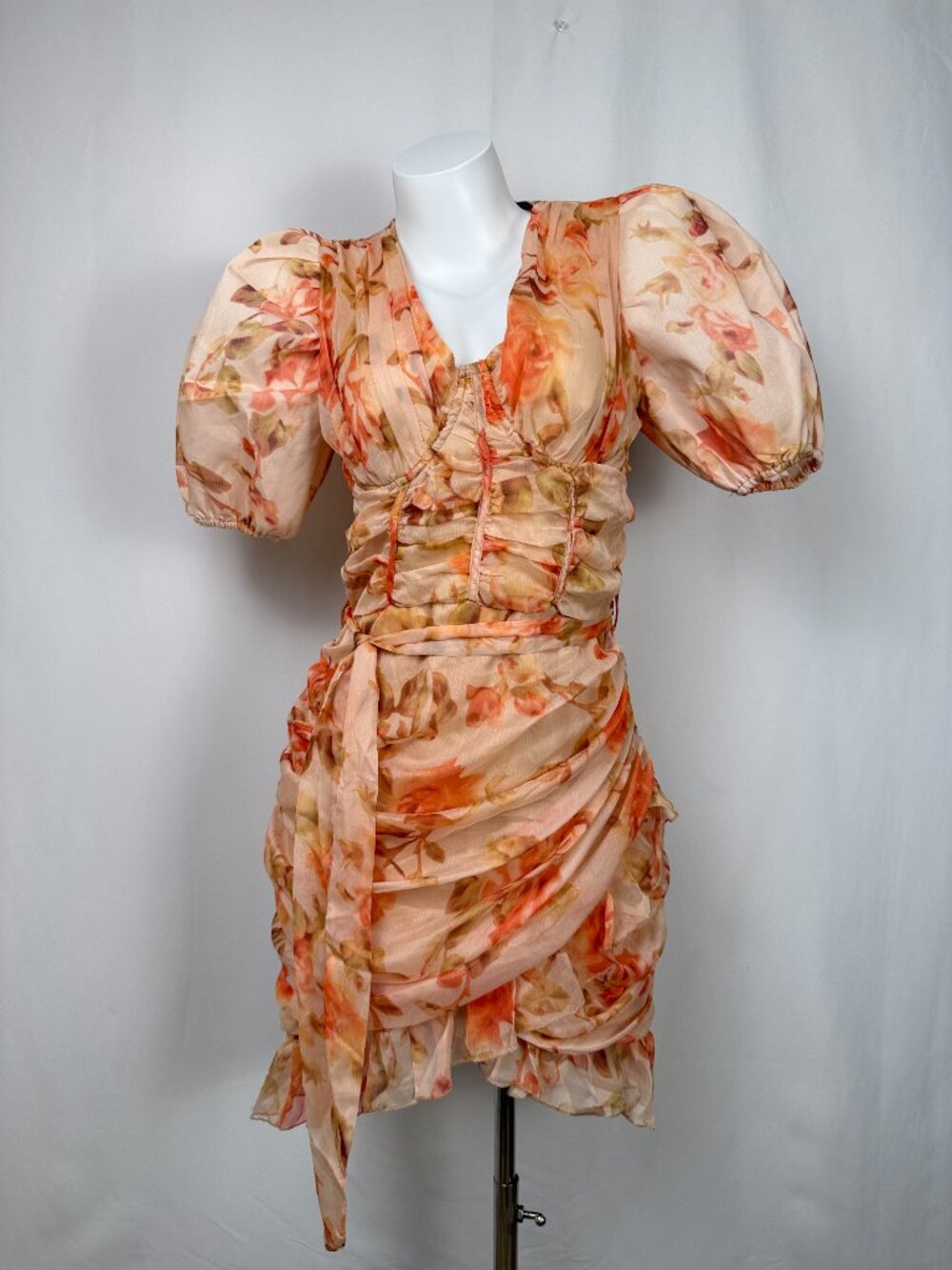 PrettyLittleThing US 8 Peach Floral Chiffon Puff Sleeve Bodycon Mini Dress